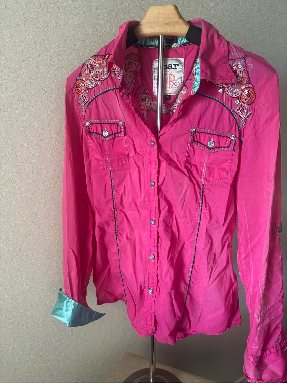 Roar Western Embroidered Cowgirl Button Up Shirt Pink Rodeo Medium